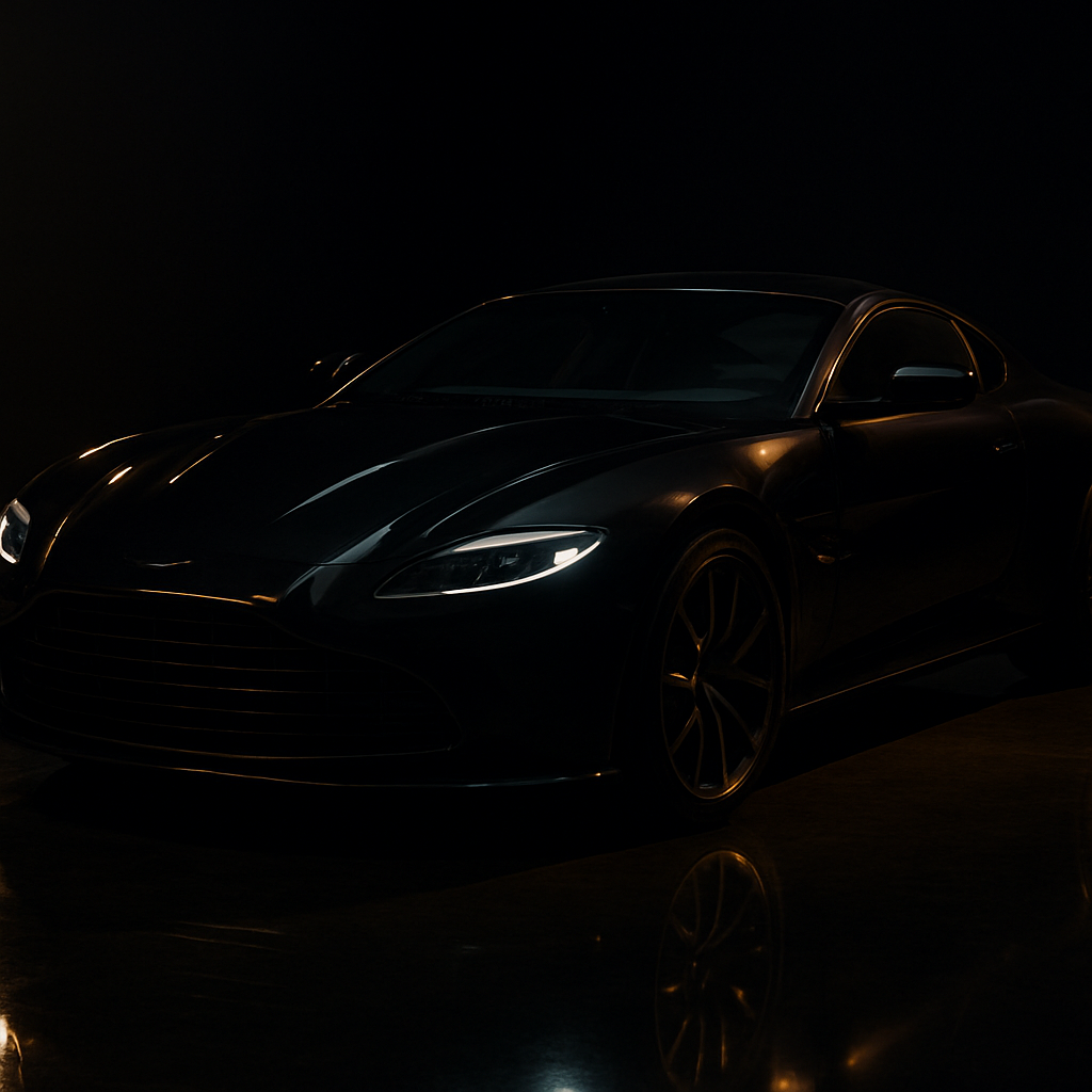 Luxury sports car in a dark showroom